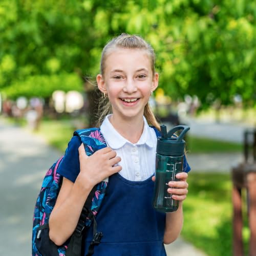 14oz Clear Kids Water Bottle with Straw Lid, BPA-Free Tritan, Measurement Scale, Sturdy Handle Wide Mouth Leak-proof Reusable Plastic Bottle for Boy& Girls, Back to School(Dark Green) - color: Dark Green