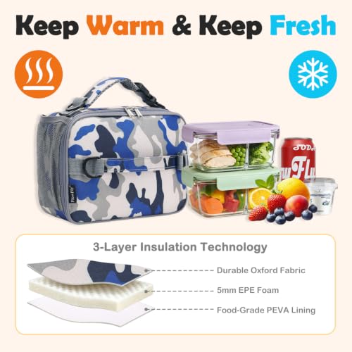 FlowFly Kids Lunch Bag, Durable Insulated School Lunch Box with Shoulder Strap and Bottle Holder, Water-resistant Thermal Small Lunch Cooler Tote for Teen Boys & Girls,Blue Camo - color: Blue Camo