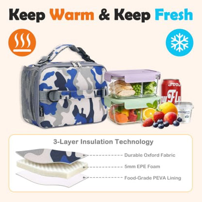 FlowFly Kids Lunch Bag, Durable Insulated School Lunch Box with Shoulder Strap and Bottle Holder, Water-resistant Thermal Small Lunch Cooler Tote for Teen Boys & Girls,Blue Camo - color: Blue Camo