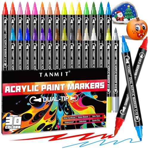 30 Colors Acrylic Paint Markers, Dual Tip Acrylic Paint Pens with Fine Tip and Brush Tip for Rock Painting, Ceramic, Wood, Plastic, Calligraphy, Scrapbooking, Brush Lettering, Card Making, DIY Crafts - color: 30 Colors