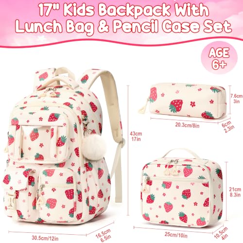Fimibuke Kids Backpack for School Girls, 3Pcs Waterproof Girls Backpack with Lunch Box & Pencil Pouch - Lightweight Bookbag for Elementary Middle School Student Teens Ages 6+ Strawberry - color: B1.strawberry