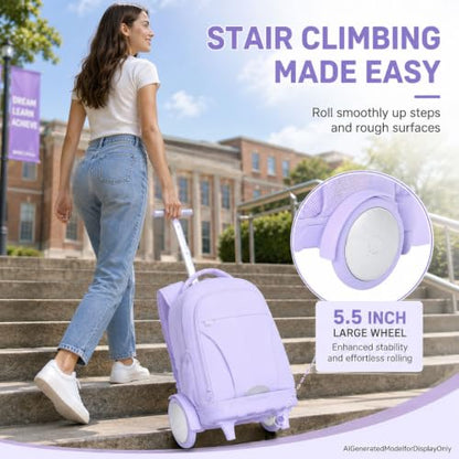 AGSDON Quiet Glide Rolling Backpack with Lunch Box Set - Large Wheel Water-Resistant Wheeled Bag for Business, Travel, and College | Lavender Purple 3-in-1 Organizer Backpack - color: Reflective Purple - Rolling Backpack