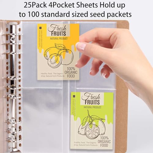 PABCK 100 Pockets Kraft Paper Binder Sheet for Seeds Envelope Photo Sleeves | Garden Seed Packets Organize Book 4 Side Loading (Slot Size 3.62x5.19 inch) Plastic Clear 25 Sheet Album Card Photo Protector