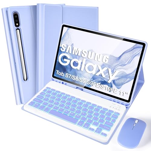 SOPPY Backlit Keyboard Case with Mouse for Samsung Galaxy Tab S10FE/S10 Lite 10.9 inch, S9FE/S9/S8/S7 11 inch, 7-Colors Backlight, Slim Cover with Detachable Keyboard, Built-in S Pen Holder, Purple - color: Purple, size: Tab S10FE/S10 Lite/S9FE/S9/S8/S7 1