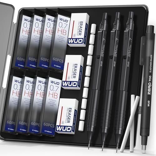 WUO 0.7mm Mechanical Pencil Set, 3 Black Metal Drafting Pencils with 480 HB Lead Refills, Precision Eraser Pen, 4B Erasers & Case, Mechanical Pencils for Writing, Drawing, Sketching & School - color: Black, size: 0.7