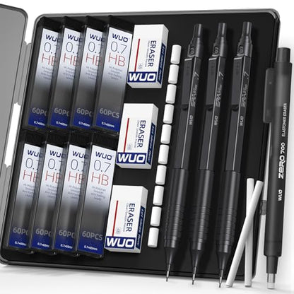 WUO 0.7mm Mechanical Pencil Set, 3 Black Metal Drafting Pencils with 480 HB Lead Refills, Precision Eraser Pen, 4B Erasers & Case, Mechanical Pencils for Writing, Drawing, Sketching & School - color: Black, size: 0.7