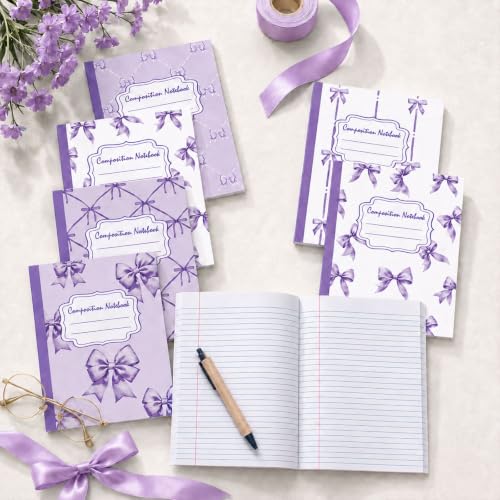 6 Packs 112 Pages Composition Notebook for Back to School 7-1/2" x 9-3/4" | Cute Purple Bow Composition Notebook College Ruled Bulk for First Day of School Office - color: Purple