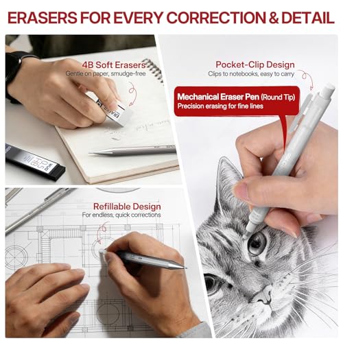 WUO 0.5&0.7mm Mechanical Pencil Set with Eraser Pen, 8PCS Metal Mechanical Pencils, 480 HB Lead Refills, 3PCS 4B Erasers, 10PCS Eraser Refills for Writing, Drafting, Drawing & Sketching