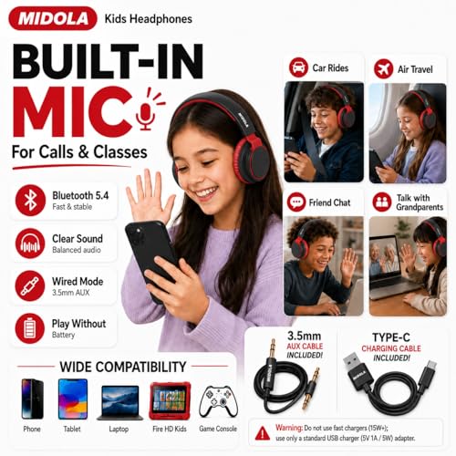 MIDOLA Kids Bluetooth Headphones 68H Play Time,Volume Limit 85/94dB, Foldable Lightweight Wireless Over-Ear Headphone for Toddler Kid Child Pad,Headsets with Aux Built-in Mic Black - color: Black