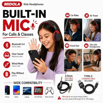 MIDOLA Kids Bluetooth Headphones 68H Play Time,Volume Limit 85/94dB, Foldable Lightweight Wireless Over-Ear Headphone for Toddler Kid Child Pad,Headsets with Aux Built-in Mic Black - color: Black