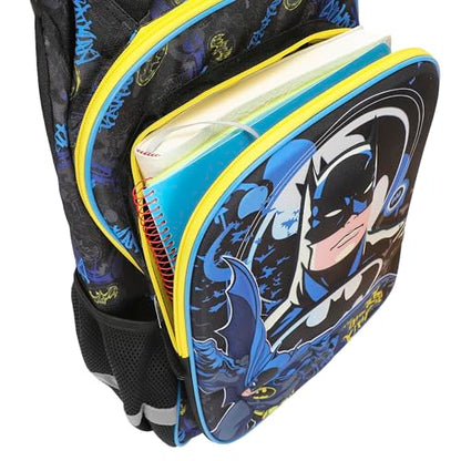 Bioworld Batman Hero Surrounded By Bats 16" Rolling Travel Backpack - color: Blue, Black & Yellow