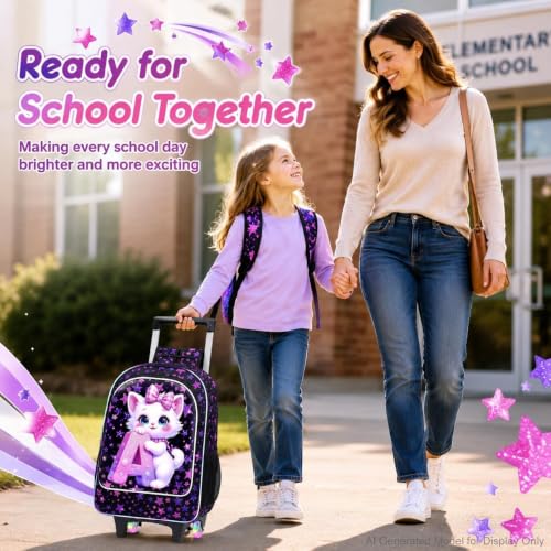 CCJPX 18" Cat Rolling Backpack for Girls, 3Pcs Kids Glow Wheels Bookbag with Lunch Box, Lightweight Roller School Bag for Elementary Preschool (Black) - color: A-star Cat(with Glowing Wheels)