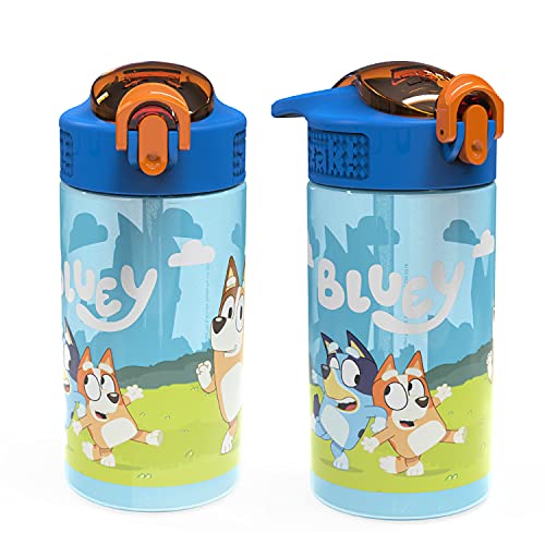 Zak Designs Bluey Kids Water Bottle Durable Plastic Spout Cover and Built-in Carrying Loop, Leak-Proof Water Design for Travel, (16oz, 2pc Set), 2pk - color: Bluey Bottle 2pk