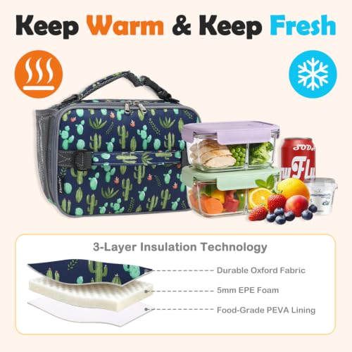 FlowFly Kids Lunch Bag, Durable Insulated School Lunch Box with Shoulder Strap and Bottle Holder, Water-resistant Thermal Small Lunch Cooler Tote for Teen Boys & Girls, Cactus - color: Cactus
