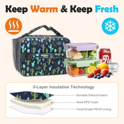 FlowFly Kids Lunch Bag, Durable Insulated School Lunch Box with Shoulder Strap and Bottle Holder, Water-resistant Thermal Small Lunch Cooler Tote for Teen Boys & Girls, Cactus - color: Cactus