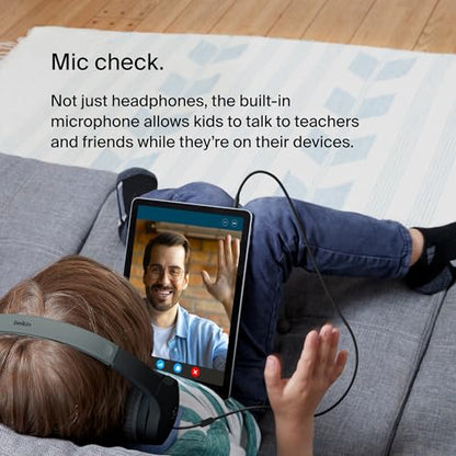 Belkin SoundForm Mini Kids Wired Headphones with Built-in Microphone & Fun Stickers, 85dB Safe Volume Limit – for Online Learning, Travel, Compatible w/iPhone 15, iPad, Galaxy S23, & More - Blue - color: Blue, style: Wired