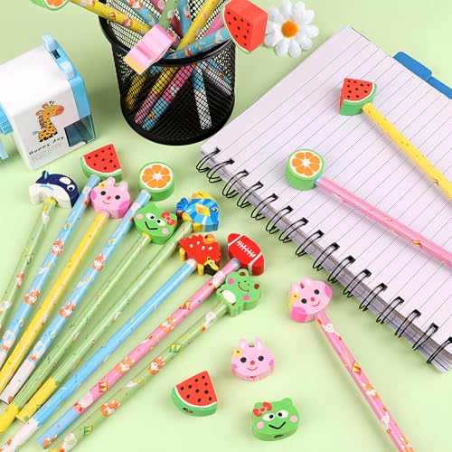 DERAYEE 24PCS Cute Pencils with Fruit Animal Top Eraser, Fun Wooden Pencil for Kids Students Reward Prize Classroom Party Favors