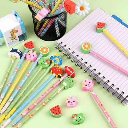 DERAYEE 24PCS Cute Pencils with Fruit Animal Top Eraser, Fun Wooden Pencil for Kids Students Reward Prize Classroom Party Favors