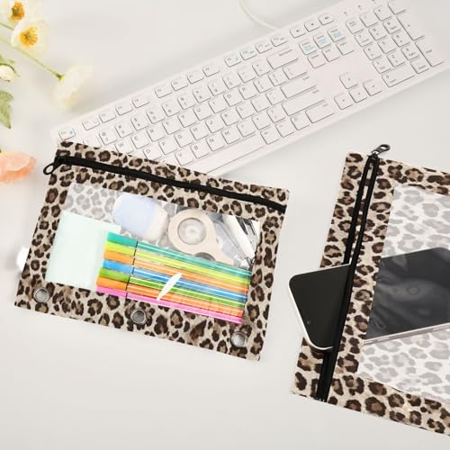 Kcldeci Pencil Pouch for 3 Ring Binder, Leopard Print 2 Pack Binder Pencil Pouch with Clear Window Pencil Bags with Zipper Pencil Case for Binder - color: A05