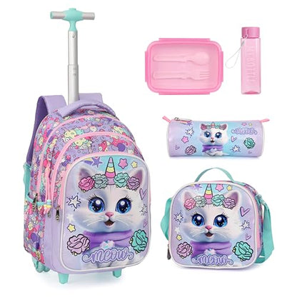 Cartoon Rolling Backpack for Boys Girls, Kids 5 Pcs Wheeled Backpack, Travel Backpack for Elementary Students (Cat Purple) - color: Cat Purple