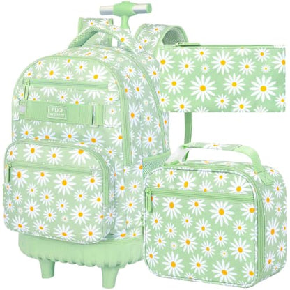 gxtvo Wheeled Backpack for Girls, Women Rolling Bookbag with Lunch Box for Adults, Water Resistant Roller School Bag for College Teens Kids Travel - Flower Cyan - color: Rolling Backpack Chrysanthemum Green