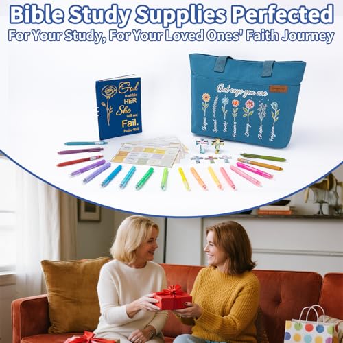 25 PCS Bible Study Supplies Kit, Large Capacity Canvas Tote Bag for Women Organizer, Bible Highlighters and Quick Dry Pens No Bleed Through, Notebook Bible Tabs Cross Bookmark Journaling Accessories - color: Blue