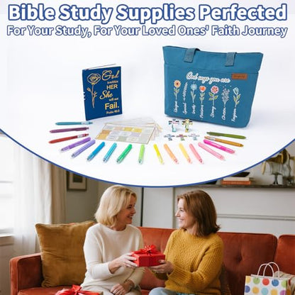 25 PCS Bible Study Supplies Kit, Large Capacity Canvas Tote Bag for Women Organizer, Bible Highlighters and Quick Dry Pens No Bleed Through, Notebook Bible Tabs Cross Bookmark Journaling Accessories - color: Blue