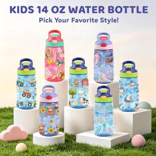 Sea Animals Gifts 14oz Kid Water Bottle with Straw - Leakproof BPA-Free Plastic Pop-Up Spout, Reusable Leak Proof Travel Bottle for Outdoor Sports - color: Ocean1