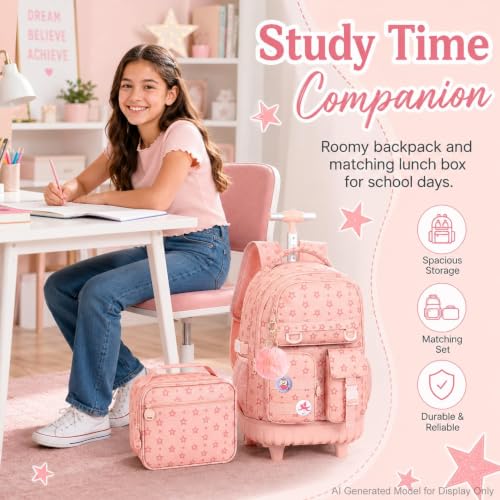 CCJPX Rolling Backpack for Girls, 3Pcs Roller Wheeled School Bookbag, Star Wheels Backpacks with Lunch Box for Kids (Pink) - color: Star Pink
