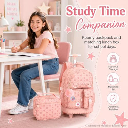 CCJPX Rolling Backpack for Girls, 3Pcs Roller Wheeled School Bookbag, Star Wheels Backpacks with Lunch Box for Kids (Pink) - color: Star Pink