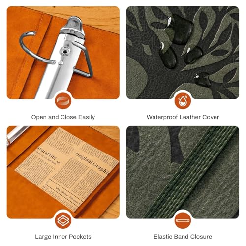 Ovesmusl Leather D Ring Binder Fits 8.5"x11" Letter Size Paper, 2 Inch D-Ring Binders Holds 550 Sheets, Notepad Paper Cover Loose Leaf Organizer with Inner Pockets, Green Tree - color: Green, size: 2 inch, style: 1 Pack