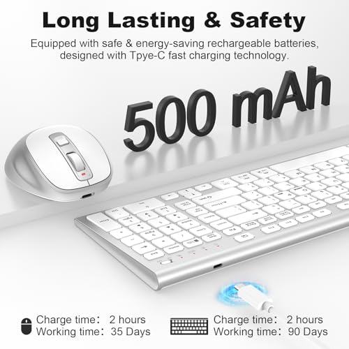 FENIFOX Wireless Keyboard and Mouse, Rechargeable USB C Combo Silent Quiet Compact Full Size Flat with Number Pad Soft Cover for Mac MacBook iMac Windows PC Laptop Computer Office - White & Silver - color: Silver