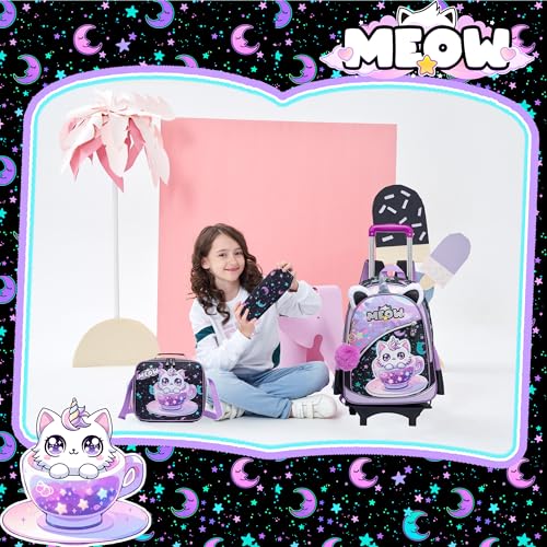 Meetbelify Girls Cute Backpack with Wheels for Elementary Students Kids Black Travel Luggage - color: Black Cat