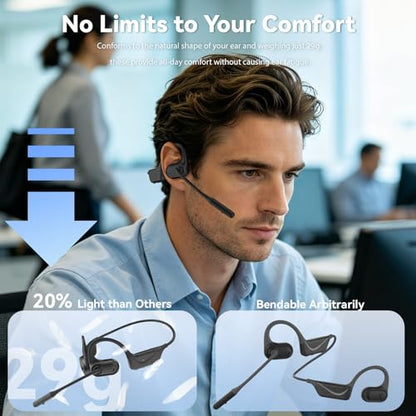 MONODEAL Open Ear Headphones with Mic, Lightweight Bluetooth 5.4 Headset with Microphone Noise Cancelling Mute Button, Wireless Headset Earphones for Work, Driving, Home Office, Workouts