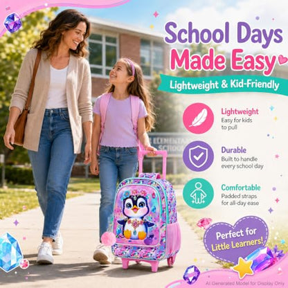 3Pcs Rolling Backpack for Girls, Kids Roller School Backpack with Wheels, Penguin Wheeled Bookbag for Elementary Preschool Kindergarten(Pink) - color: Penguin Pink