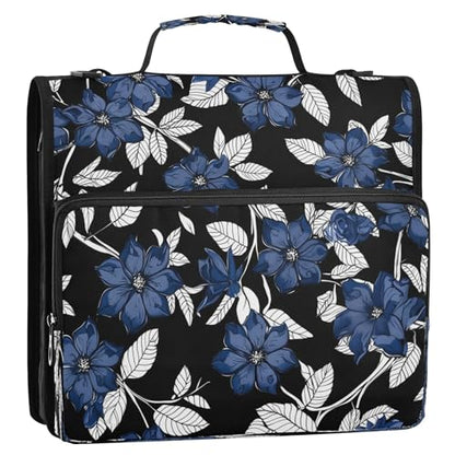 Navy Blue Flowers Zipper Binder 3 Ring with Shoulder Strap and Handle Multiple Pockets Expanding File Folder Organizer