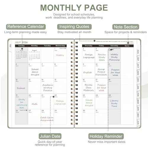 Planner 2026-2027, Weekly and Monthly Academic Year Calendar Planner, July 2026 - June 2027, Daily Agenda Book for Office School Supplies, A5(6.3'' x 8.5'') - color: C-Green, size: 6.3"x8.5"(Jul 2026-Jun 2027)