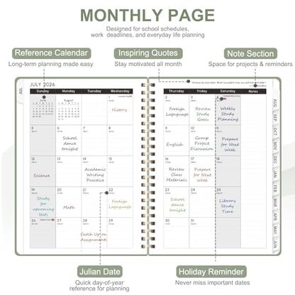 Planner 2026-2027, Weekly and Monthly Academic Year Calendar Planner, July 2026 - June 2027, Daily Agenda Book for Office School Supplies, A5(6.3'' x 8.5'') - color: C-Green, size: 6.3"x8.5"(Jul 2026-Jun 2027)
