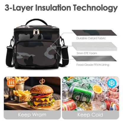 FlowFly Insulated Reusable Lunch Bag Adult Large Lunch Box for Women and Men with Adjustable Shoulder Strap,Front Zipper Pocket and Dual Large Mesh Side Pockets,BlackCamo - color: BlackCamo