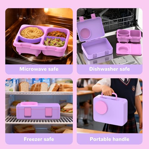 Bento Box for Kids, Leakproof Kids Bento Lunch Box Container with 8oz Insulated Thermo Food Jar, Sauce Jar, Utensil, DIY Stickers for School Boys Girls, 3-4 Compartments, BPA-Free - color: Purple