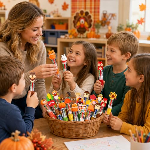 Vellibring 48Pcs Thanksgiving Fun Pens, Cute Autumn 4-in-1 Maple Leaf Pumpkin Turkey Animal Character MultiColor Pens Fall Harvest Party Favor Classroom Reward Stationery Gift - style: Thanksgiving-48pcs