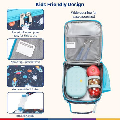 Bagseri Kids Lunch Bag with Shoulder Strap - Insulated Crossbody Boys Lunch Box for School & Travel, Reusable Large Meal Tote with Bottle Holder, Fits Bento Box, Navy Space - color: B Space Astronaut(Blue Trim), size: Crossbody Strap Series
