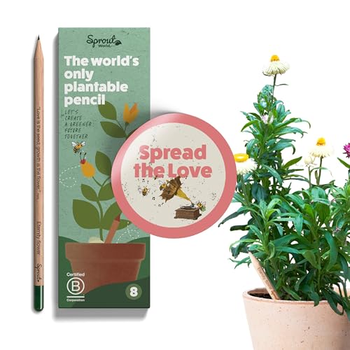 SproutWorld Pencils Spread The Love Edition, 8 Pack with Plantable Seeds | Plantable graphite pencils with flower, herb and vegetable seeds, heartwarming quote gift, for writing, drawing and planting