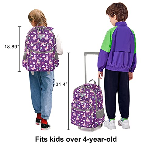 Tilami Rolling Backpack 18 inch Double Handle with Lunch Bag Wheeled Kids Backpack for Girls and Boys, Purple Alpaca - color: Purple Alpaca