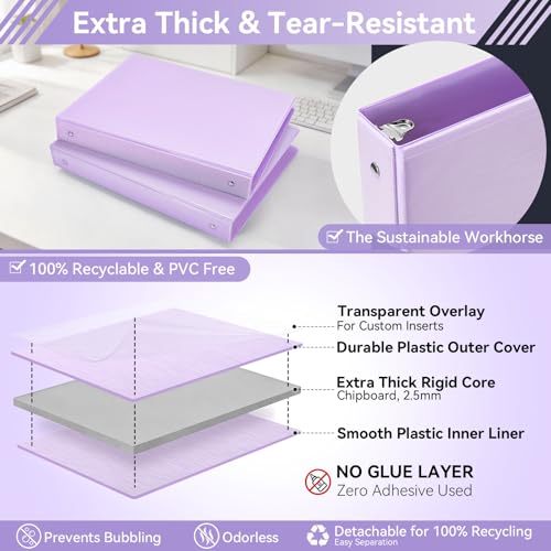 SUIN 1 Inch 3 Ring Binder, Clear 1'' View Presentation Binders with 2 Pockets, Fits 8.5 x 11 Letter Size, Durable Polypropylene, Non-Stick & PVC-Free for School, Office & Home (Brushed Lavender) - color: Brushed Lavender