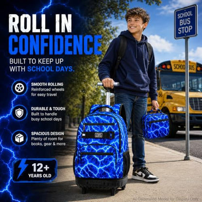 gxtvo Rolling Backpack for Boys, Men Roller Bookbag with Lunch Box for Adults, Water Resistant Wheeled School Bag for College Teens Kids Travel - Cool Lightning - color: Rolling Backpack Lightning Blue