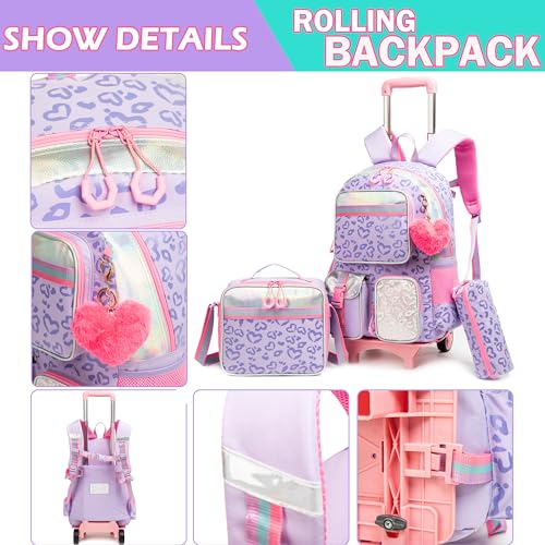 Meetbelify Girls Rolling Backpack with Wheels - Cute Kawaii Carry On Backpack for Elementary Students - Purple with Lunch Box - color: Love Purple