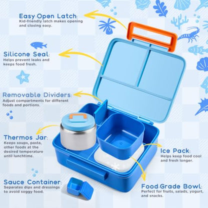 Bento Lunch Box for Kids with 8oz Soup Thermo Leak-Proof Lunch Food Containers with Snack Sauce Container for Kid Girls Boys to School,Blue Bag - color: Blue Bag
