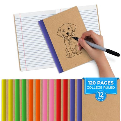 Rosmonde 12 Pack Kraft Journals A5, College Ruled, 120 Pages (60 Sheets) | Rainbow Spines, 8 x 5.7 Small Notebooks, Kraft Composition Notebook, College Ruled Journals for School, Home & Office - size: 12 Pack, style: Kraft Cover