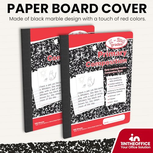 1InTheOffice Primary Composition Notebook K-2, Primary Journal, Kindergarten Notebook, 7.5" x 9.75", 100/Sheets, Red/Black Marble, 2 Pack